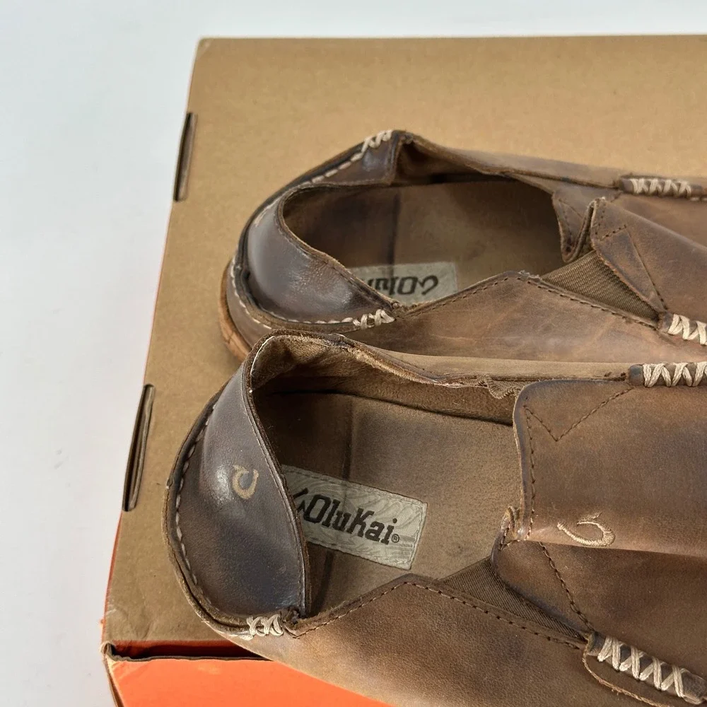 Olukai Molokai Brown Leather Slip On Casual Slipper Shoes Comfort Loafers 10